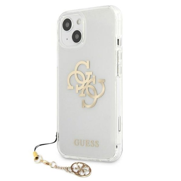 Guess 4G Big Logo Charm Gold dėklas, skirtas iPhone 13 mini (auksiniai pakabukai)  