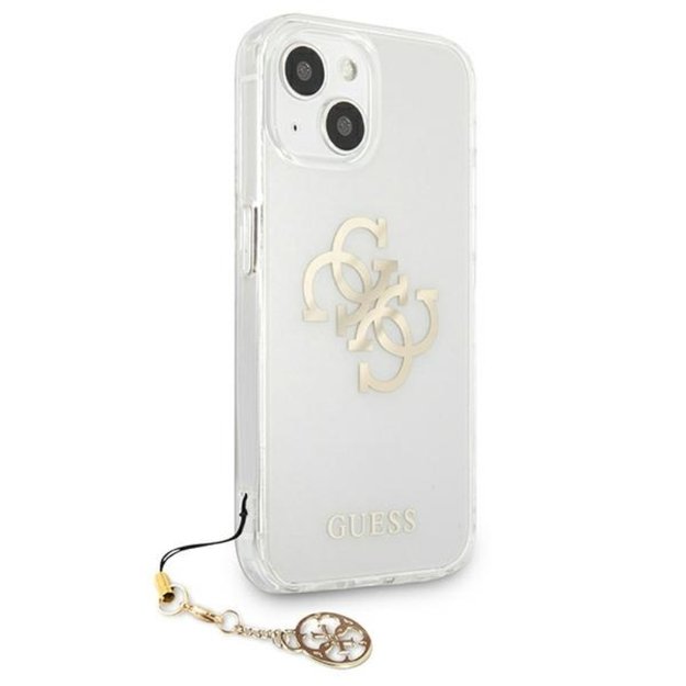 Guess 4G Big Logo Charm Gold dėklas, skirtas iPhone 13 mini (auksiniai pakabukai)  