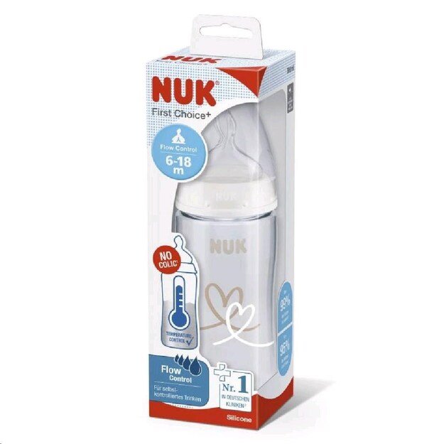 NUK FC+Temperature Control Baby Bottle 300 ml BOX-Flow Control žindukas smėlio spalvos