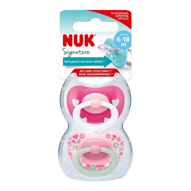 NUK Signature čiulptukas 6-18m 2vnt mergaitei, dydis 6-18m, 6-18m