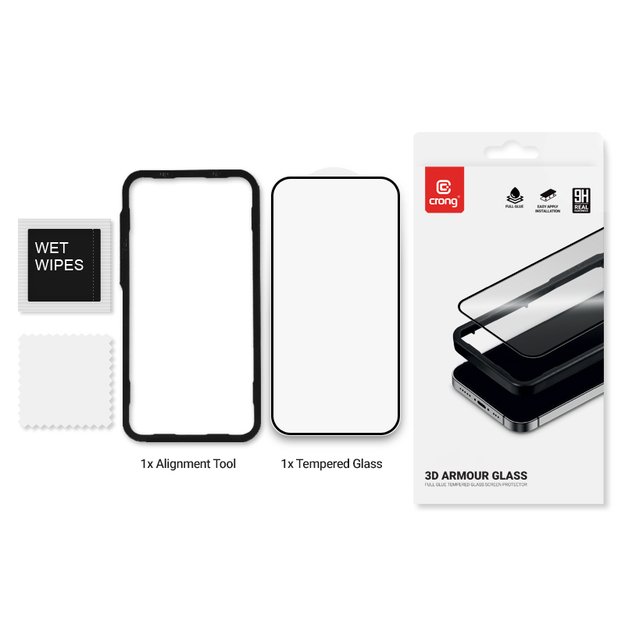 „Crong 3D Armour Glass“ – 9H grūdintas pilnai klijuojamas stiklas, skirtas „iPhone 16“ / „iPhone 15“ ir kitiems telefonams, skirtas montavimo rėmeliui. 2