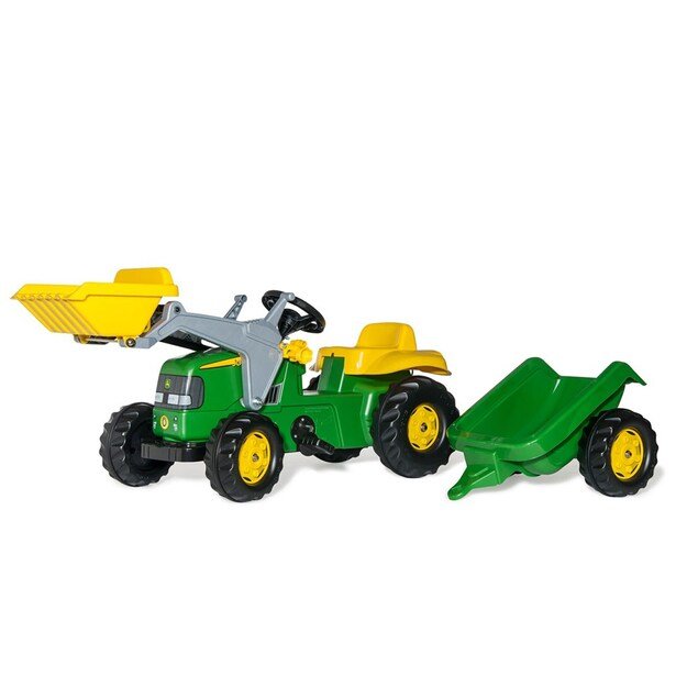 Pedalinis traktorius su krautuvu ir priekaba Rolly Kid John Deere žalia