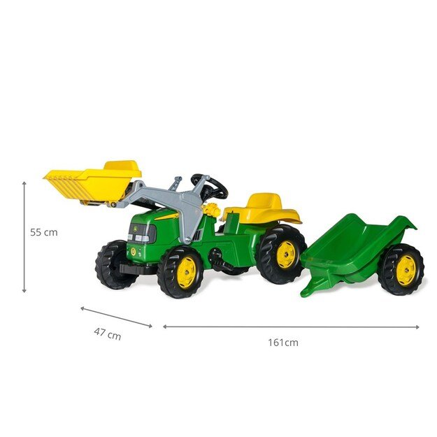 Pedalinis traktorius su krautuvu ir priekaba Rolly Kid John Deere žalia