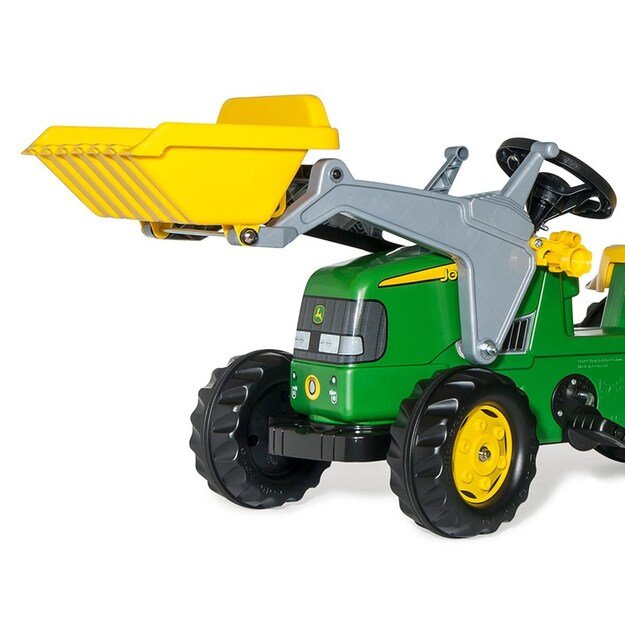 Pedalinis traktorius su krautuvu ir priekaba Rolly Kid John Deere žalia