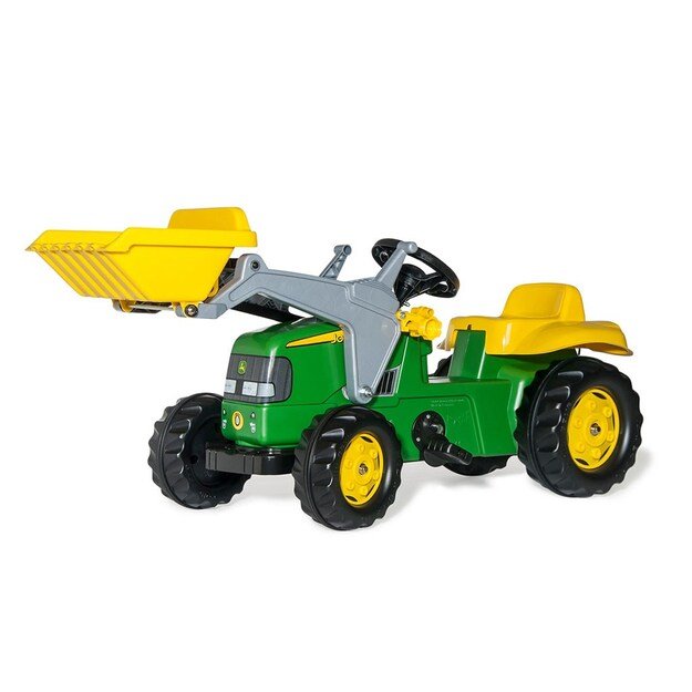 Pedalinis traktorius su krautuvu ir priekaba Rolly Kid John Deere žalia