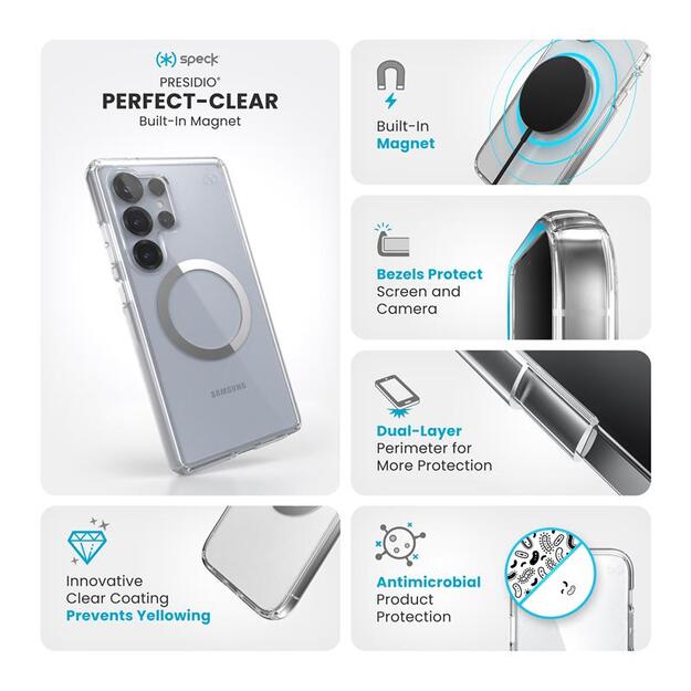 Speck Presidio Perfect-Clear Magnet – Samsung Galaxy S25 Ultra MagSafe dėklas (skaidrus / chromo apdaila / ramus sidabras) 7