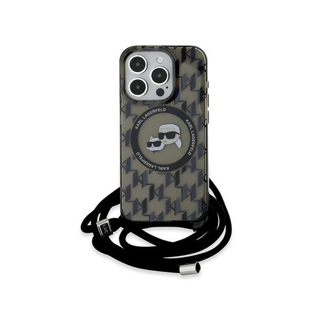 Karl Lagerfeld IML Crossbody Monogram Karl & Choupette Head MagSafe – dėklas, skirtas iPhone 15 Pro (juodas)