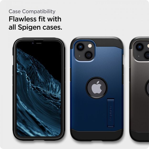 „Spigen Alm Glass FC“ – grūdintas stiklas „iPhone 16e“ / „iPhone 14“ / „iPhone 13“ / „iPhone 13 Pro“ (juodas)