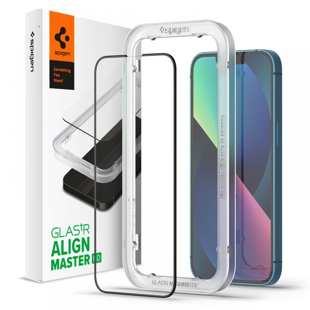 „Spigen Alm Glass FC“ – grūdintas stiklas „iPhone 16e“ / „iPhone 14“ / „iPhone 13“ / „iPhone 13 Pro“ (juodas)