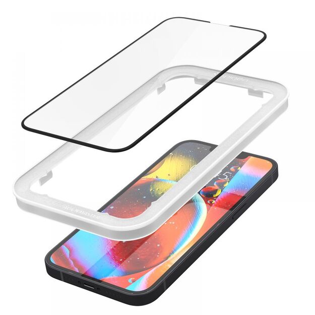 „Spigen Alm Glass FC“ – grūdintas stiklas „iPhone 16e“ / „iPhone 14“ / „iPhone 13“ / „iPhone 13 Pro“ (juodas)