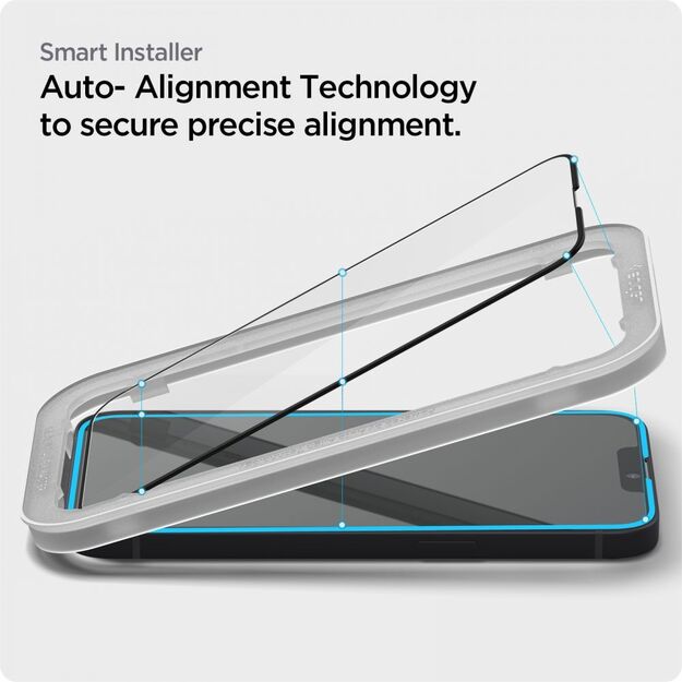 „Spigen Alm Glass FC“ – grūdintas stiklas „iPhone 16e“ / „iPhone 14“ / „iPhone 13“ / „iPhone 13 Pro“ (juodas)