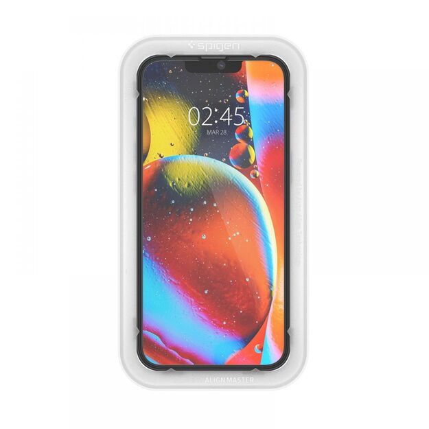 „Spigen Alm Glass FC“ – grūdintas stiklas „iPhone 16e“ / „iPhone 14“ / „iPhone 13“ / „iPhone 13 Pro“ (juodas)