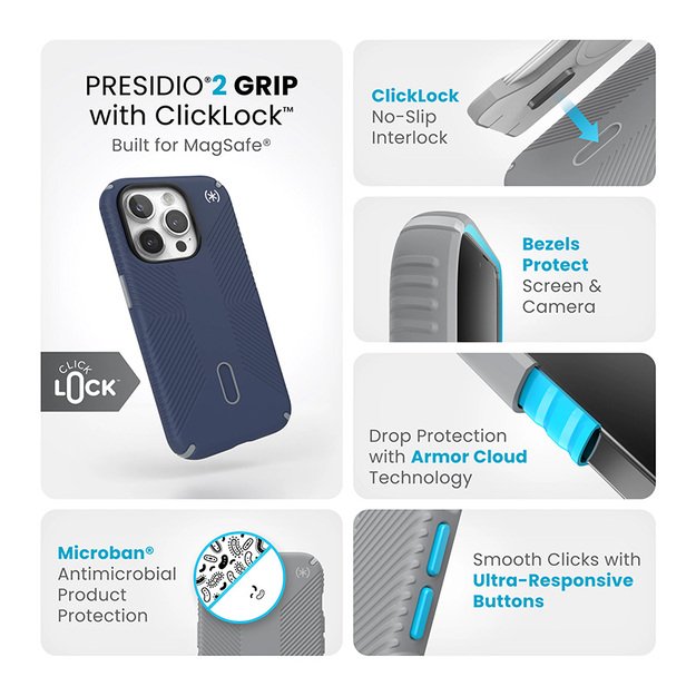 „Speck Presidio2 Grip ClickLock & MagSafe“ – dėklas, skirtas „iPhone 15 Pro“ (pakrantės mėlyna / dulkių pilka) 5