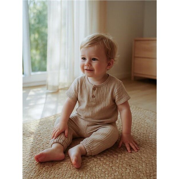 Kūdikių muslino rinkinys Marškinėliai ir kelnės New Baby smėlio spalvos, 80 (9-12m)