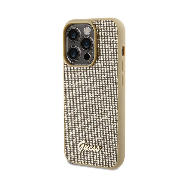 „Guess“ „Disco Metal Script“ – „iPhone 14 Pro“ dėklas (auksinis)