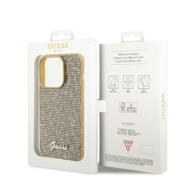 „Guess“ „Disco Metal Script“ – „iPhone 14 Pro“ dėklas (auksinis)
