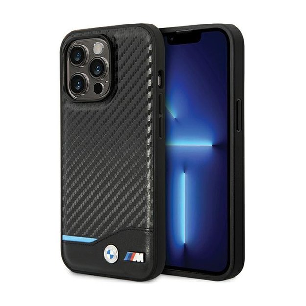BMW odinis anglies pluošto mėlynos linijos dėklas, skirtas iPhone 13 Pro Max (juodas)