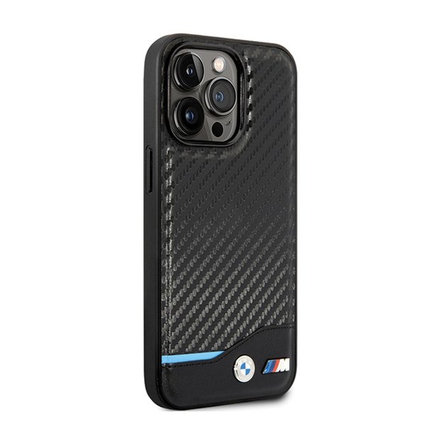 BMW odinis anglies pluošto mėlynos linijos dėklas, skirtas iPhone 13 Pro Max (juodas)