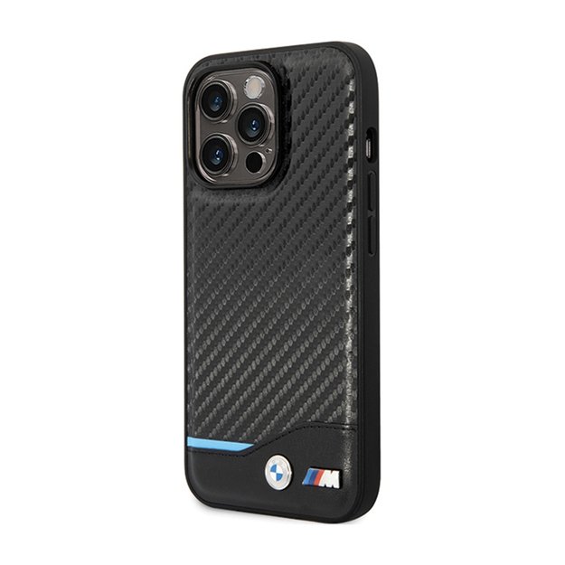 BMW odinis anglies pluošto mėlynos linijos dėklas, skirtas iPhone 13 Pro Max (juodas)