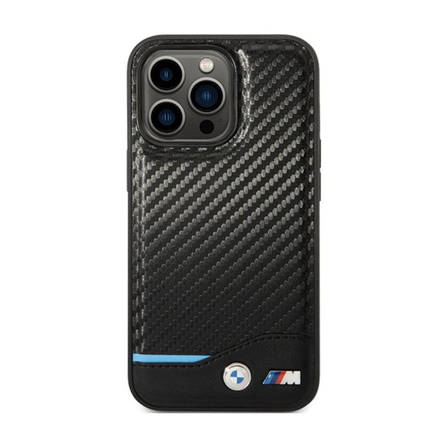 BMW odinis anglies pluošto mėlynos linijos dėklas, skirtas iPhone 13 Pro Max (juodas)