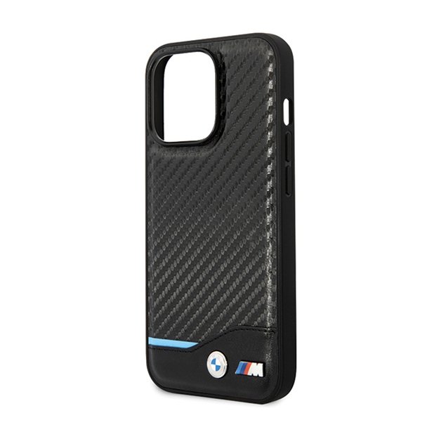 BMW odinis anglies pluošto mėlynos linijos dėklas, skirtas iPhone 13 Pro Max (juodas)