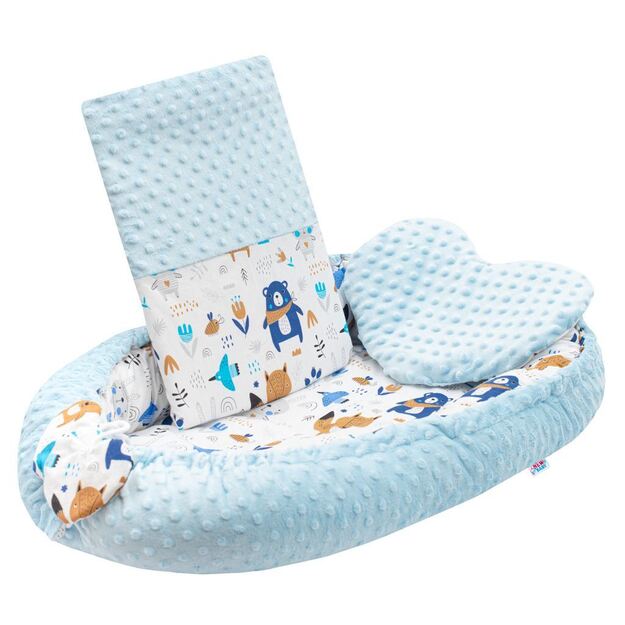 Prabangus lizdelis su pagalvėle ir antklode „New Baby“ iš „Minky blue“