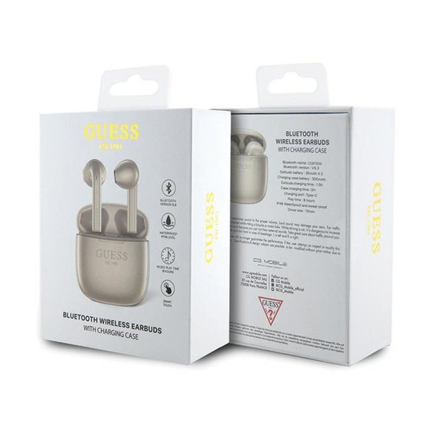 „Guess True Wireless Script Logo BT5.3“ – TWS ausinės + įkrovimo dėklas (auksinės) 1