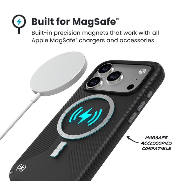 „Speck Presidio2 Grip MagSafe“ dėklas „iPhone 17 Pro“ (juodas / pilkas / baltas) 7