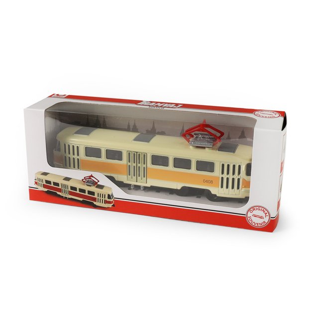 Metalinis čekiškas retro tramvajus geltonas 16 cm šviesos garsas 1