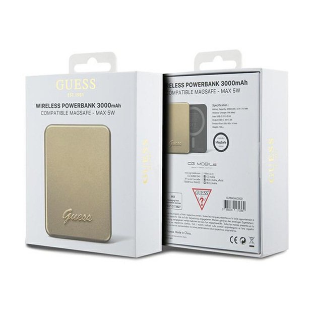 „Guess Metal Script Logo MagSafe“ – indukcinė išorinė baterija, 3000 mAh, 5W, „MagSafe“ (auksinė) 10
