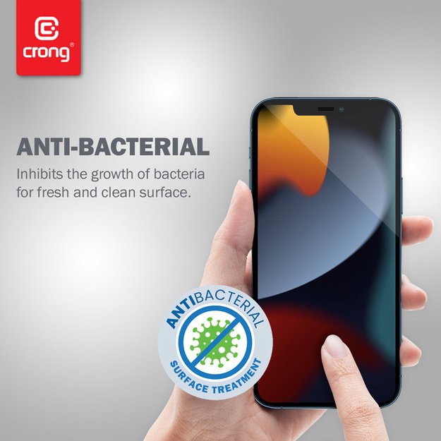 Crong Anti-Bacterial 3D Armor Glass – 9H grūdintas stiklas visam iPhone 14 Plus / iPhone 13 Pro Max + montavimo rėmeliui