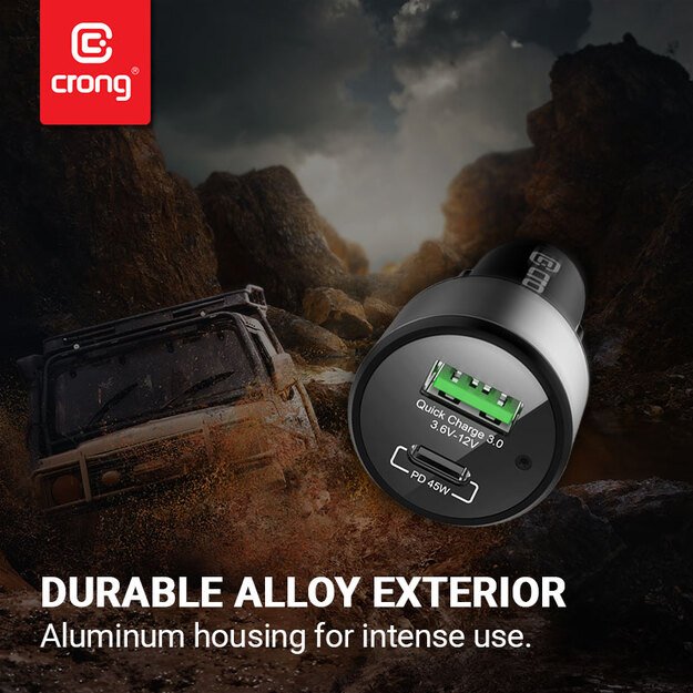 Crong Power Car Charger 63W – USB-C PD 45W automobilinis įkroviklis + USB QC 3.0 18W (juodas) 14