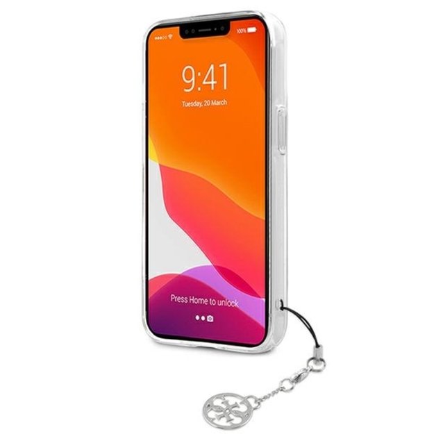 Guess 4G Stripe Grey Charm – dėklas, skirtas iPhone 13 mini (skaidrus) 21