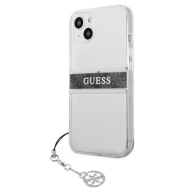 Guess 4G Stripe Grey Charm – dėklas, skirtas iPhone 13 mini (skaidrus)