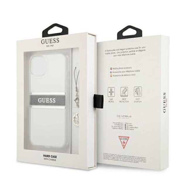 Guess 4G Stripe Grey Charm – dėklas, skirtas iPhone 13 mini (skaidrus)