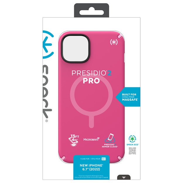 Speck Presidio2 Pro + MagSafe – iPhone 15 Plus / 14 Plus dėklas su MICROBAN danga (skaitmeninė rožinė / žydi / balta) 11