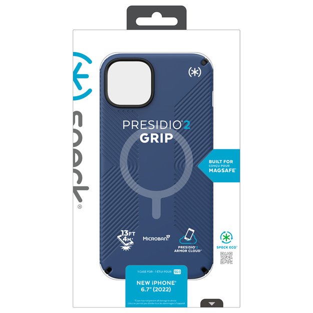 Speck Presidio2 Grip + MagSafe – iPhone 14 Plus dėklas su MICROBAN danga (Coastal Blue / Black / White)