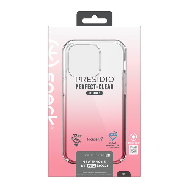 Speck Presidio Perfect-Clear + Ombre – iPhone 14 Pro dėklas su MICROBAN danga (Clear / Vintage Rose Fade)