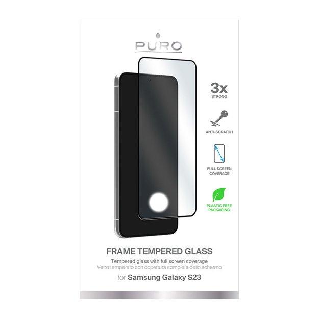 PURO Frame Tempered Glass – grūdintas stiklas, skirtas Samsung Galaxy S23 (juodas rėmelis)