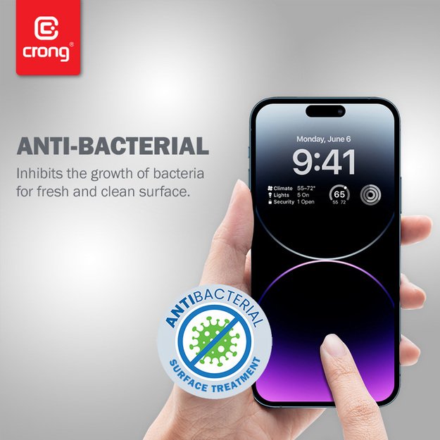 Crong Anti-Bacterial 3D Armor Glass – 9H grūdintas stiklas visam iPhone 14 Pro Max + montavimo rėmelio ekranui