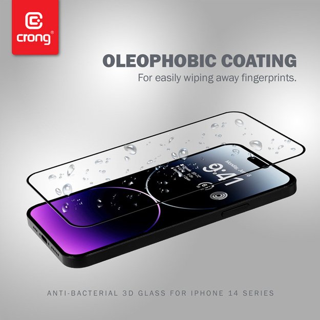 Crong Anti-Bacterial 3D Armor Glass – 9H grūdintas stiklas visam iPhone 14 Pro Max + montavimo rėmelio ekranui