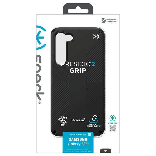 Speck Presidio2 Grip – neslystantis dėklas, skirtas Samsung Galaxy S23+ (juodas / juodas / baltas)