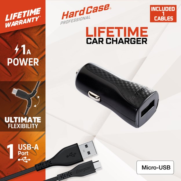 „Energizer HardCase“ – USB-A 1A automobilinis įkroviklis + „Micro USB“ laidas (juodas) 2