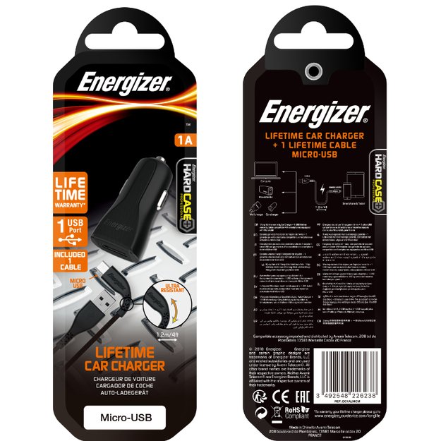 „Energizer HardCase“ – USB-A 1A automobilinis įkroviklis + „Micro USB“ laidas (juodas) 3