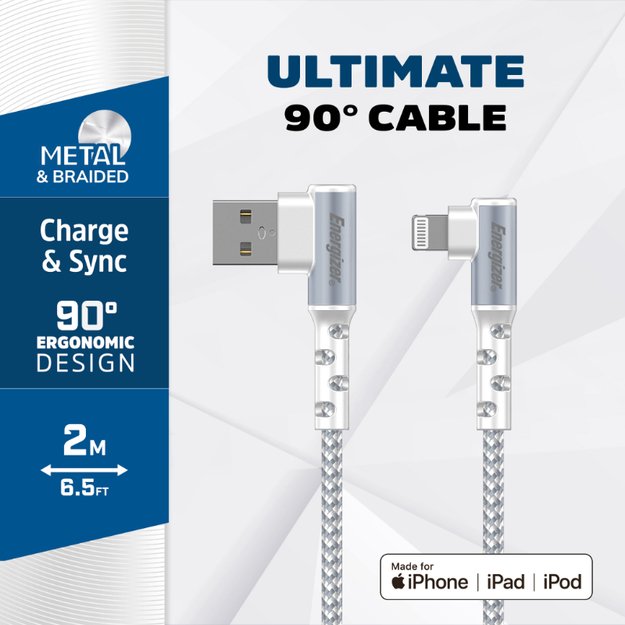 Energizer Ultimate – nuo USB-A iki Lightning 90° MFi sertifikuotas žaidimų laidas 2 m (baltas)