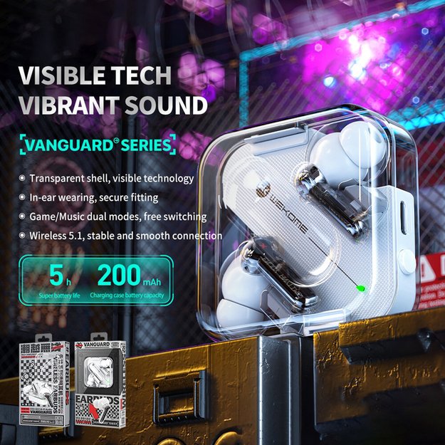 WEKOME V51 Vanguard serija – Bluetooth V5.1 TWS belaidės ausinės su įkrovimo dėklu (balta)