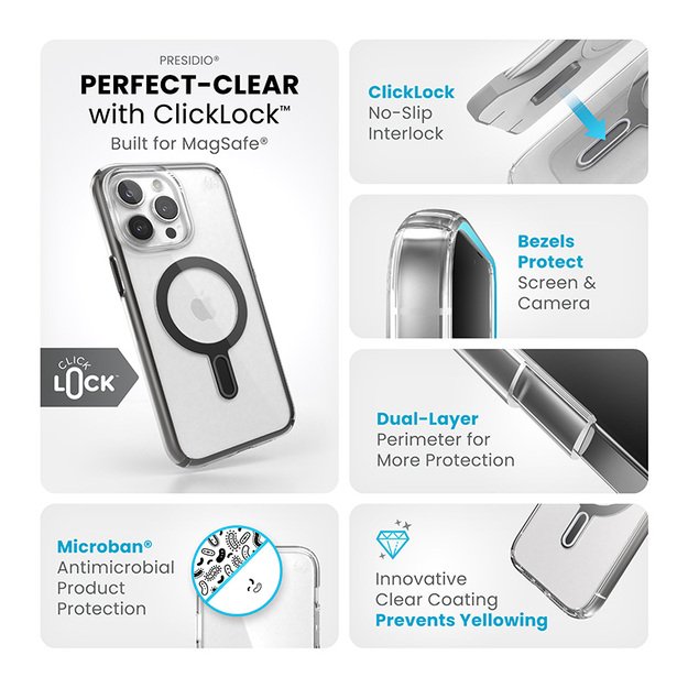 Speck Presidio Perfect-Clear ClickLock & Magsafe – dėklas, skirtas iPhone 15 Pro Max (skaidrus / matinis juodas / šiferio pilkas)