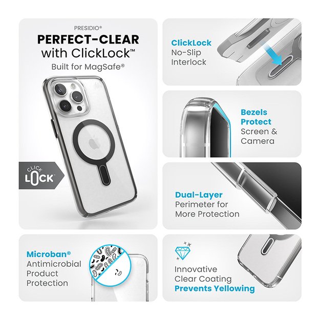Speck Presidio Perfect-Clear ClickLock & Magsafe – dėklas, skirtas iPhone 15 Pro Max (skaidrus / matinis juodas / šiferio pilkas) 8
