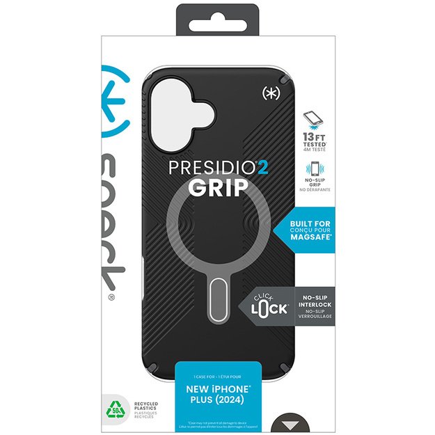 Speck Presidio2 Grip ClickLock & MagSafe – dėklas, skirtas iPhone 16 Plus (juodas / šiferio pilkas / baltas)