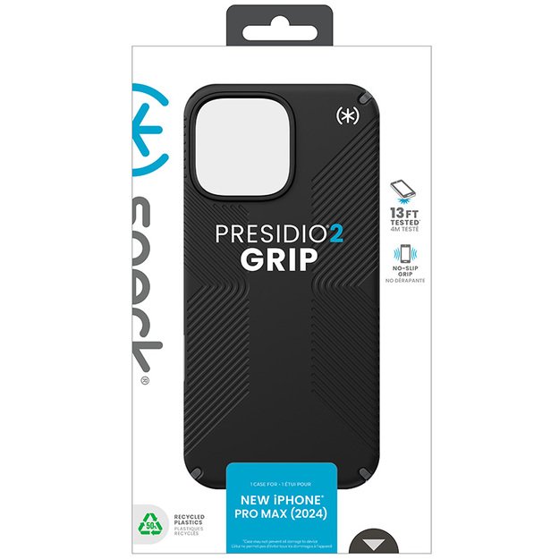 Speck Presidio2 Grip – dėklas, skirtas iPhone 16 Pro Max (juodas / šiferio pilkas / baltas)